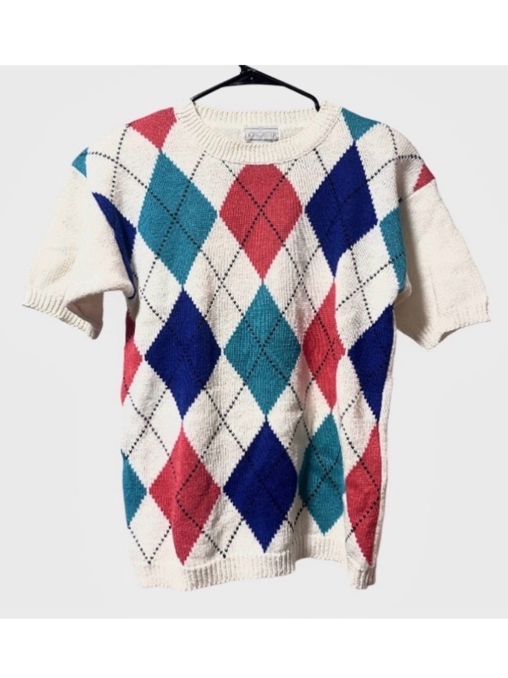 Vintage Doncaster Beige Argyle Short Sleeve Knit Sweater Women’s Size Small